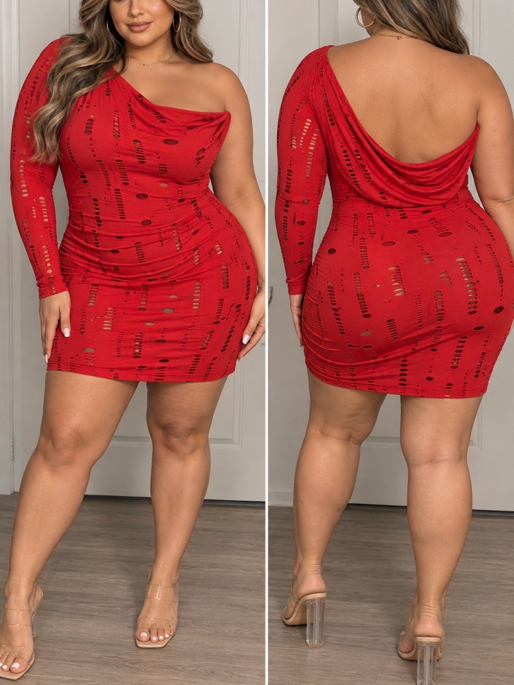 Red One-Arm Asymmetrical Cutout Dress